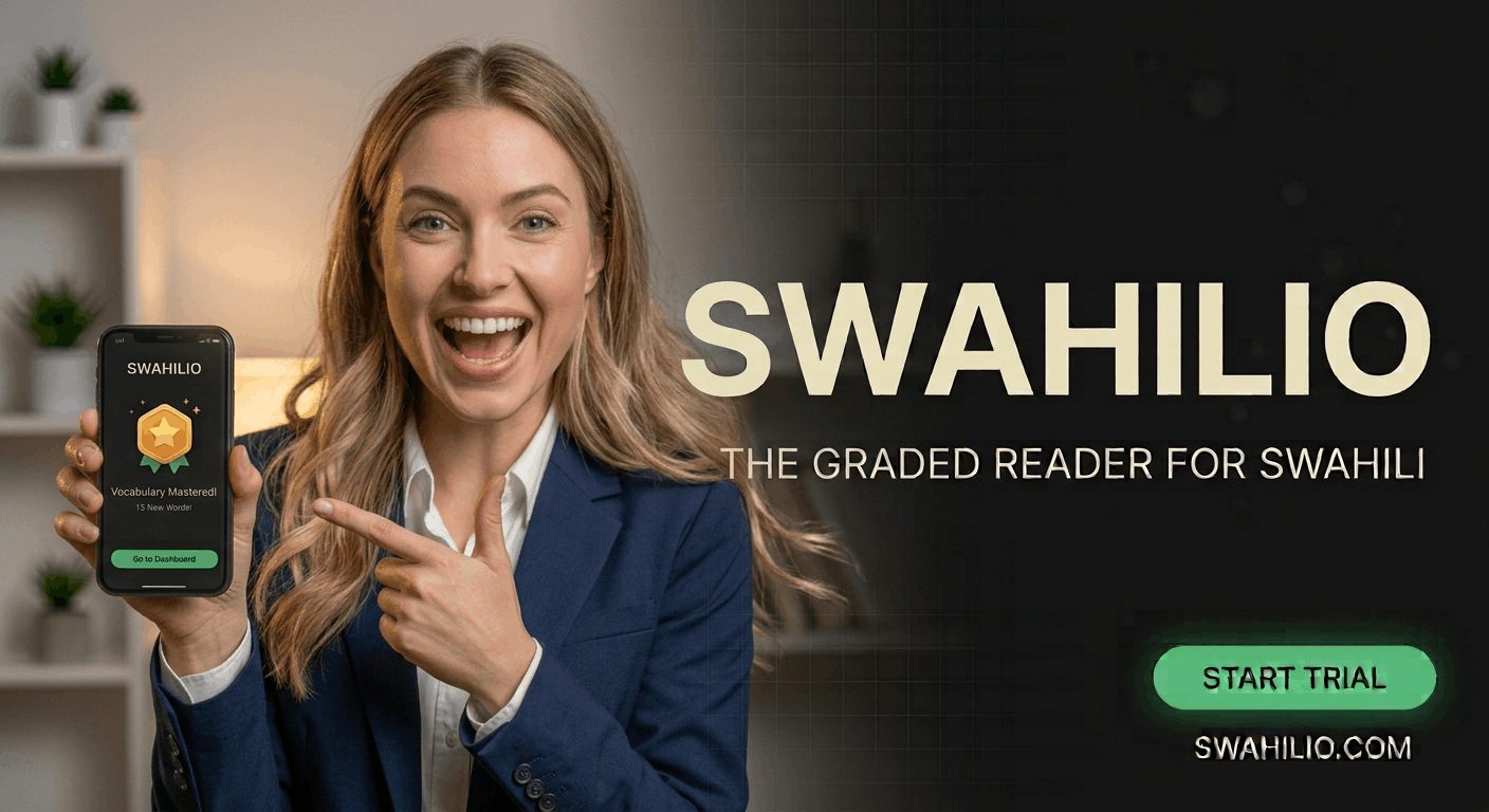A woman happy as she uses swahilio raded reader to learn Swahili.